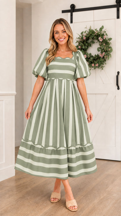 Model wearing sage striped midi dress variant