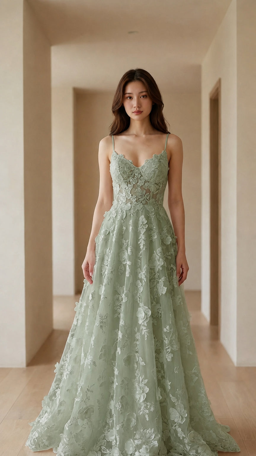 Front view of Sage Green floral evening dress