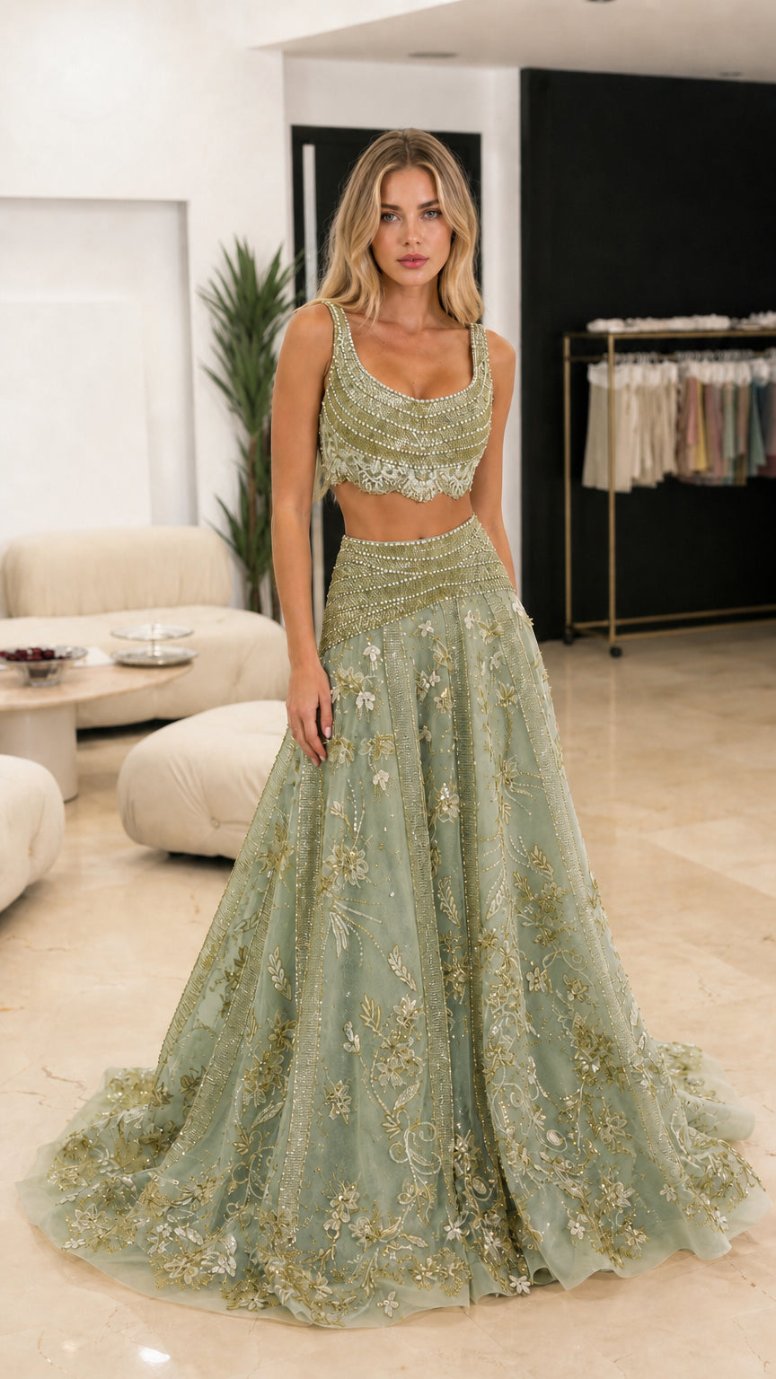 Front view of sage green two-piece embellished gown set