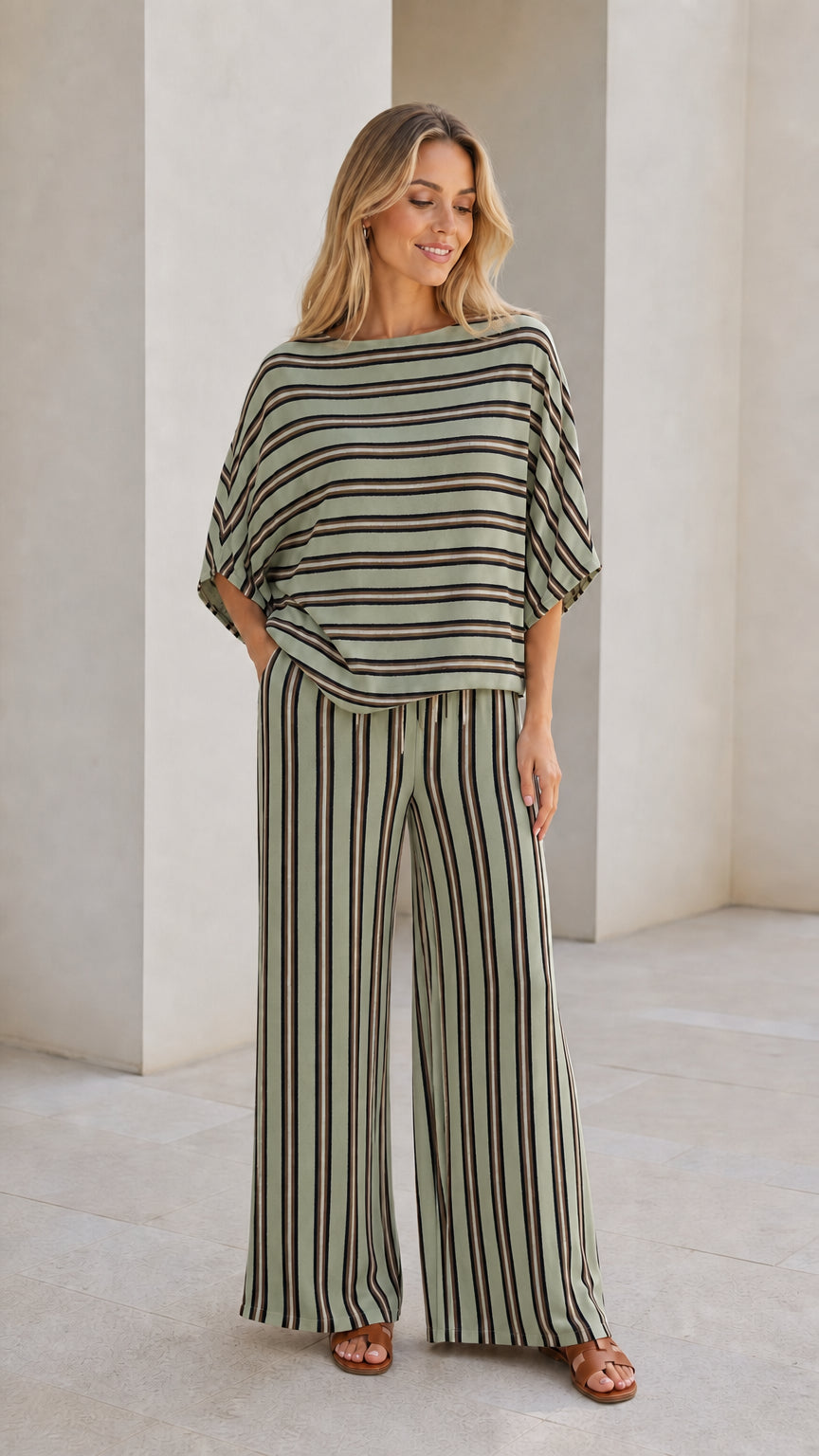 Model wearing sage striped top and wide leg pants set