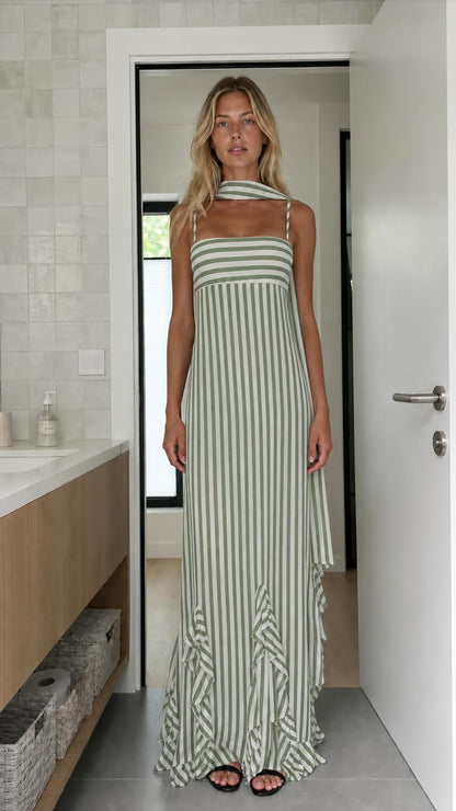 Model wearing sage green and white striped maxi dress