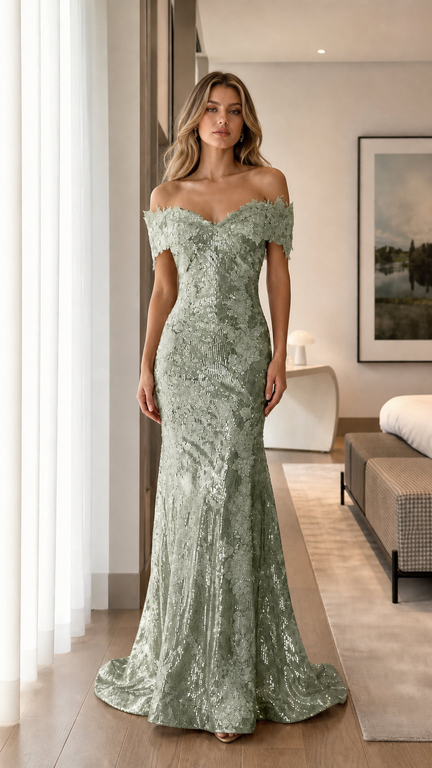 Front view of sage green off-shoulder sequin evening dress