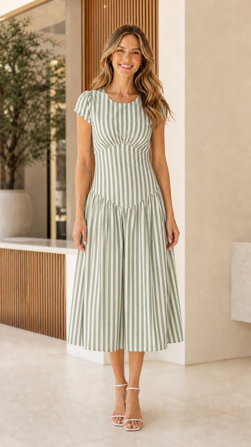 Woman wearing sage striped midi dress