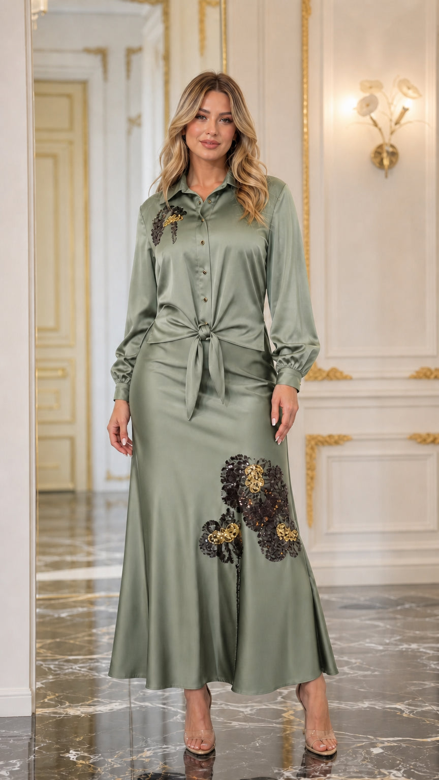 Front view of sage green satin blouse and maxi skirt set