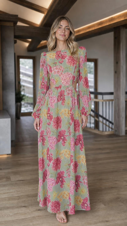 Front view of sage green floral print long sleeve cutout maxi dress