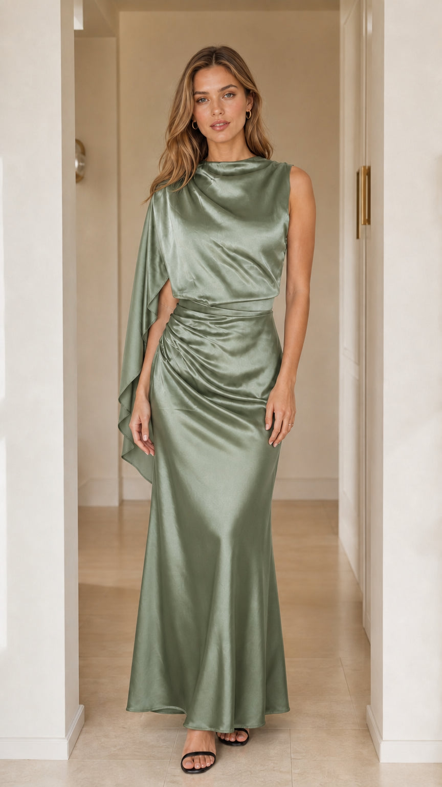 Front view of sage green cape sleeve satin maxi evening dress