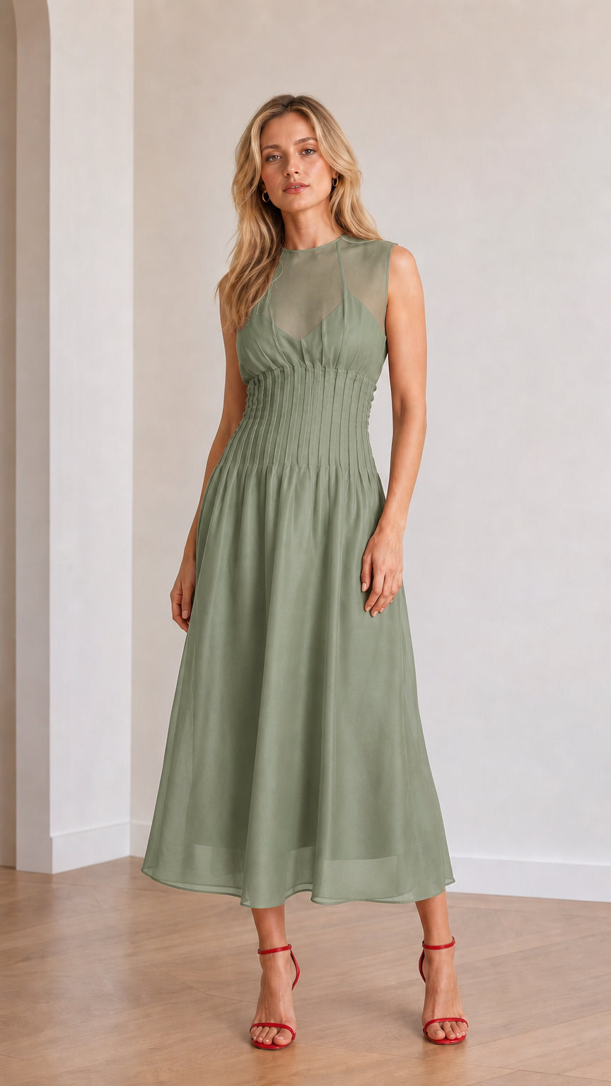 Front view of model wearing sage green sleeveless midi dress