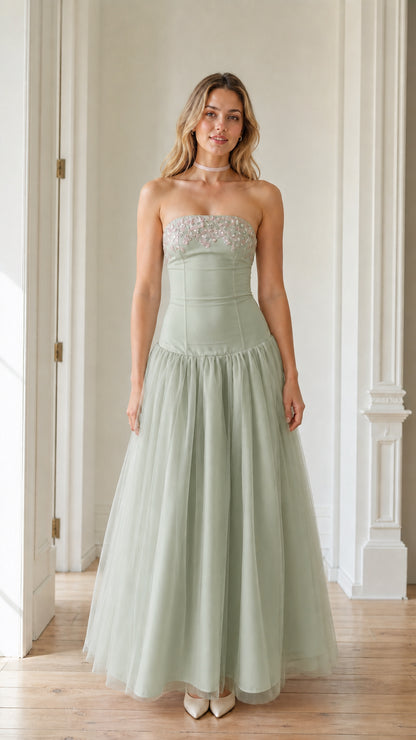 Front view of the sage green color variant of the tulle maxi dress