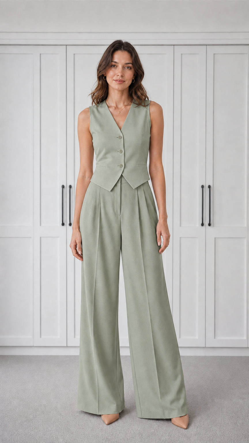 Woman wearing sage green tailored vest and wide-leg pants set
