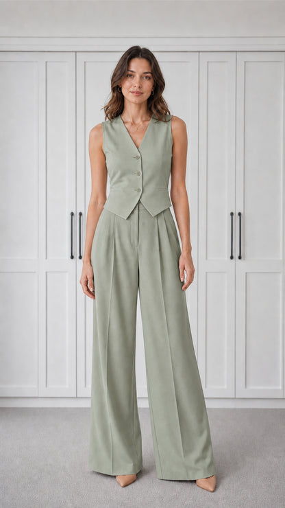 Woman wearing sage green tailored vest and wide-leg pants set