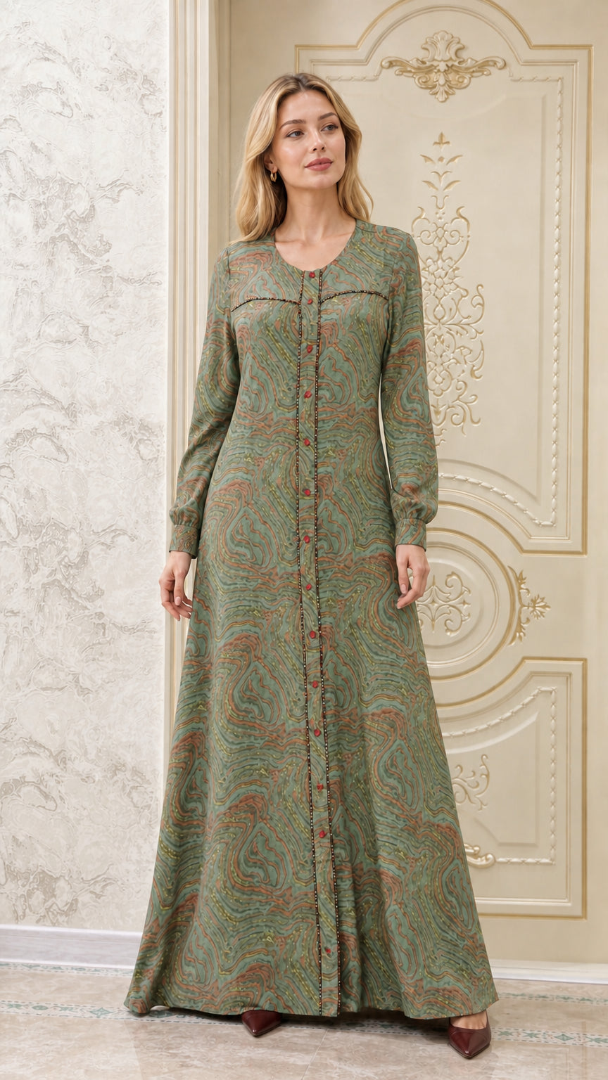 Front view of model wearing sage green swirl print long sleeve maxi dress