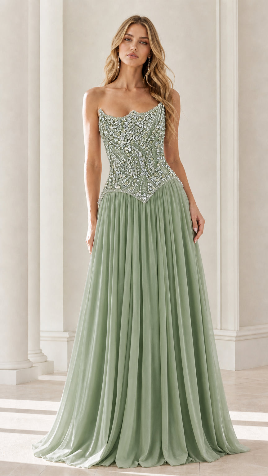 Front view of sage green formal gown