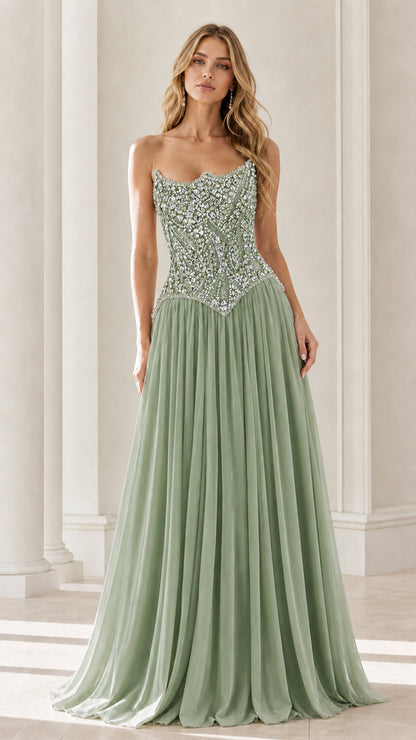 Front view of sage green formal gown