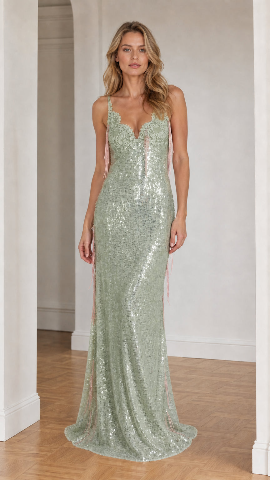 Front view of sage green sequin evening dress