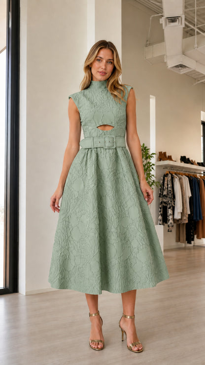 Front view of sage textured midi dress with belt
