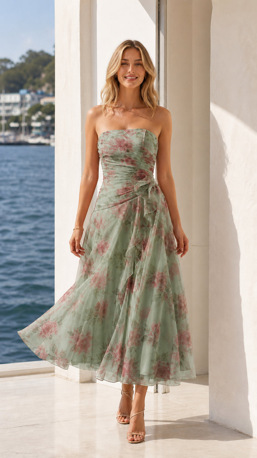 Model wearing sage floral strapless midi dress