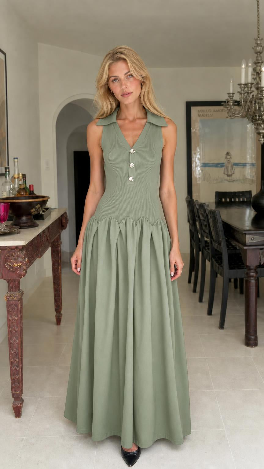 Woman wearing sage green collared maxi dress