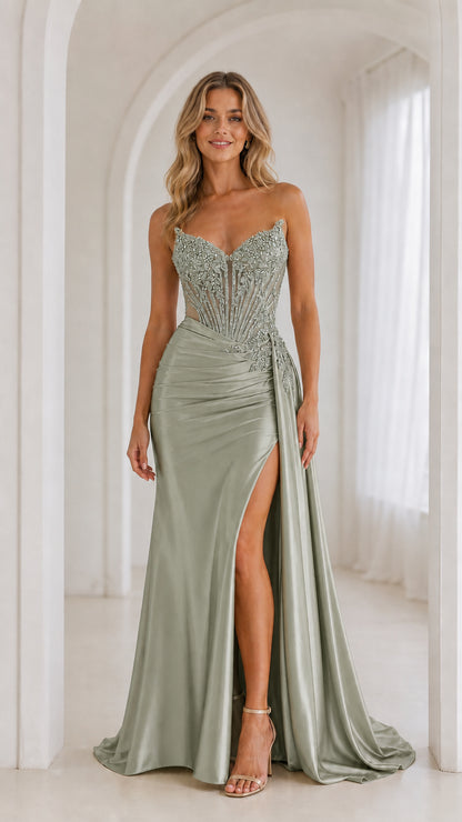 Front view of sage green color variant evening gown