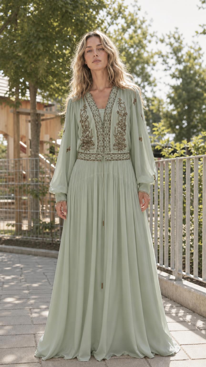 Front view of Sage Green bohemian embroidered long-sleeve maxi dress