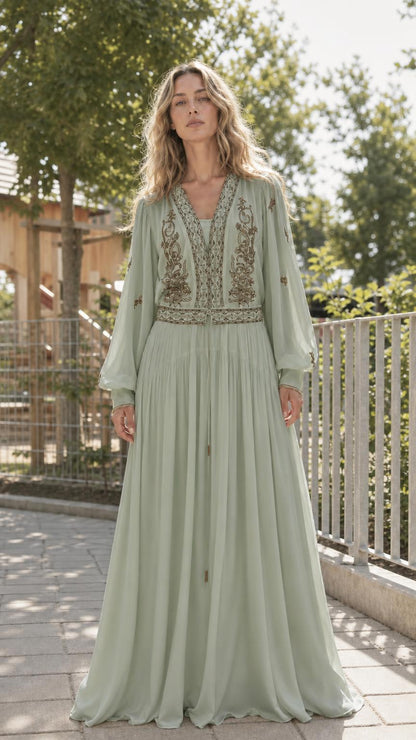 Front view of Sage Green bohemian embroidered long-sleeve maxi dress