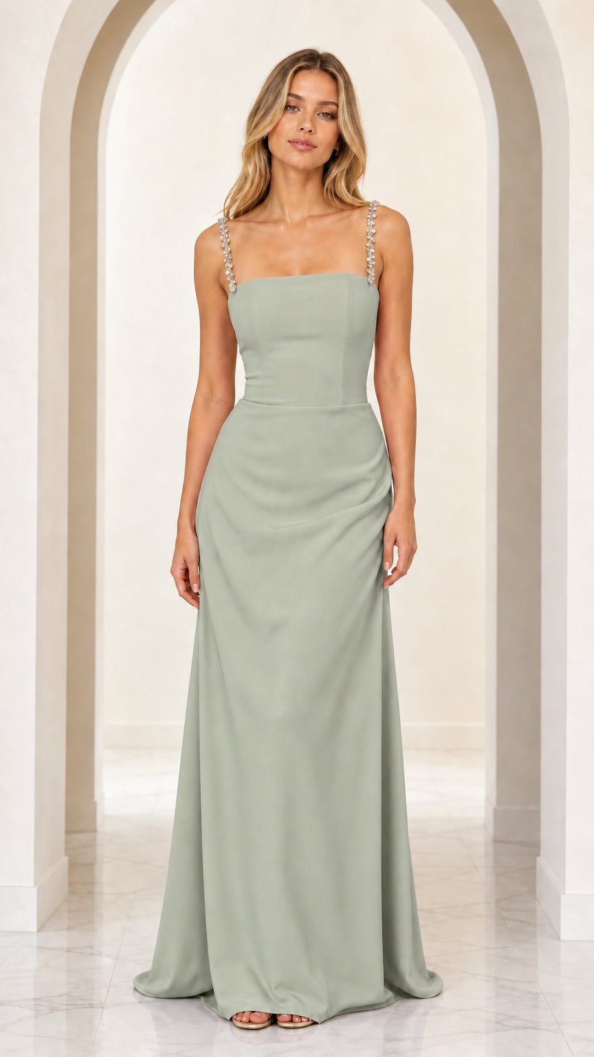Sage green square neck formal maxi dress with embellished straps