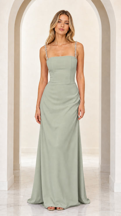 Sage green square neck formal maxi dress with embellished straps