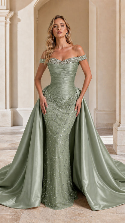 Model wearing Sage Green off-the-shoulder ruched formal gown with dramatic train