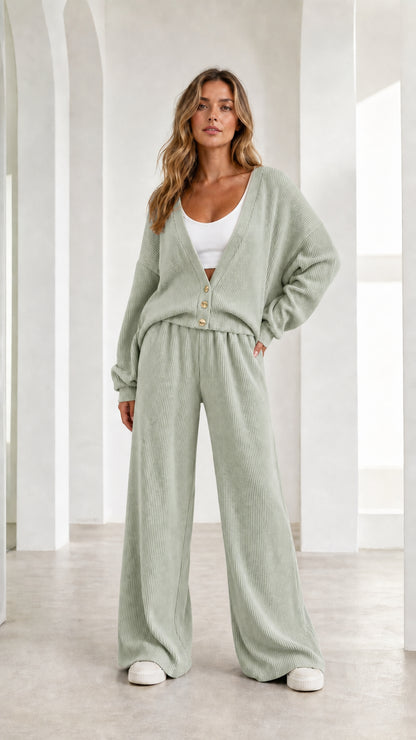 Woman wearing sage green ribbed knit lounge set