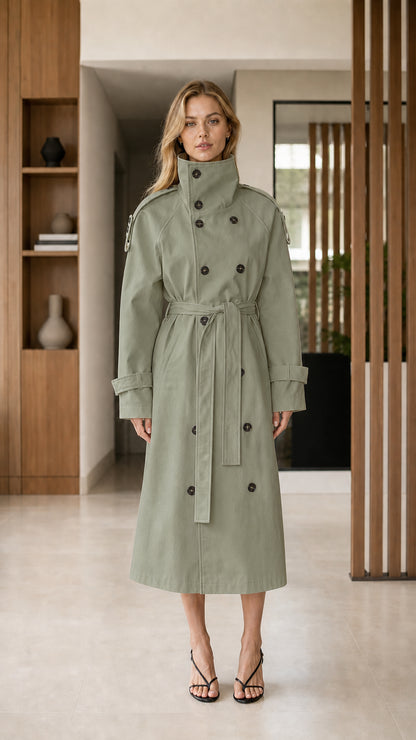 Front full-length view of Sage Green double-breasted high neck belted trench coat