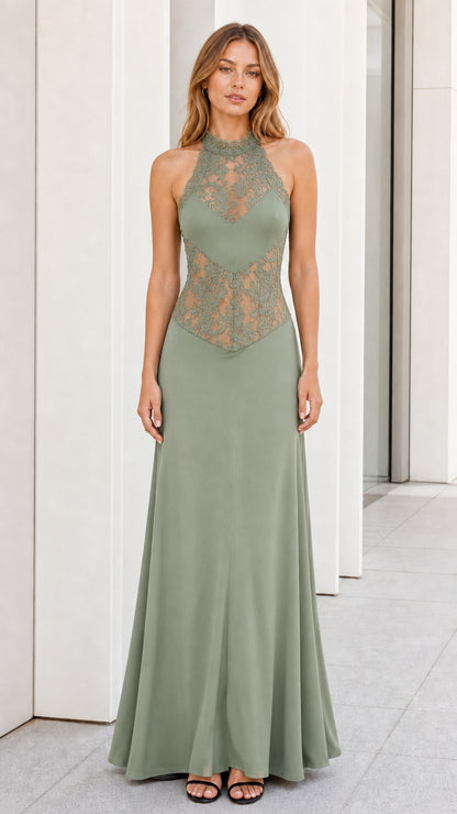 Sage green color variant of the halter lace maxi dress