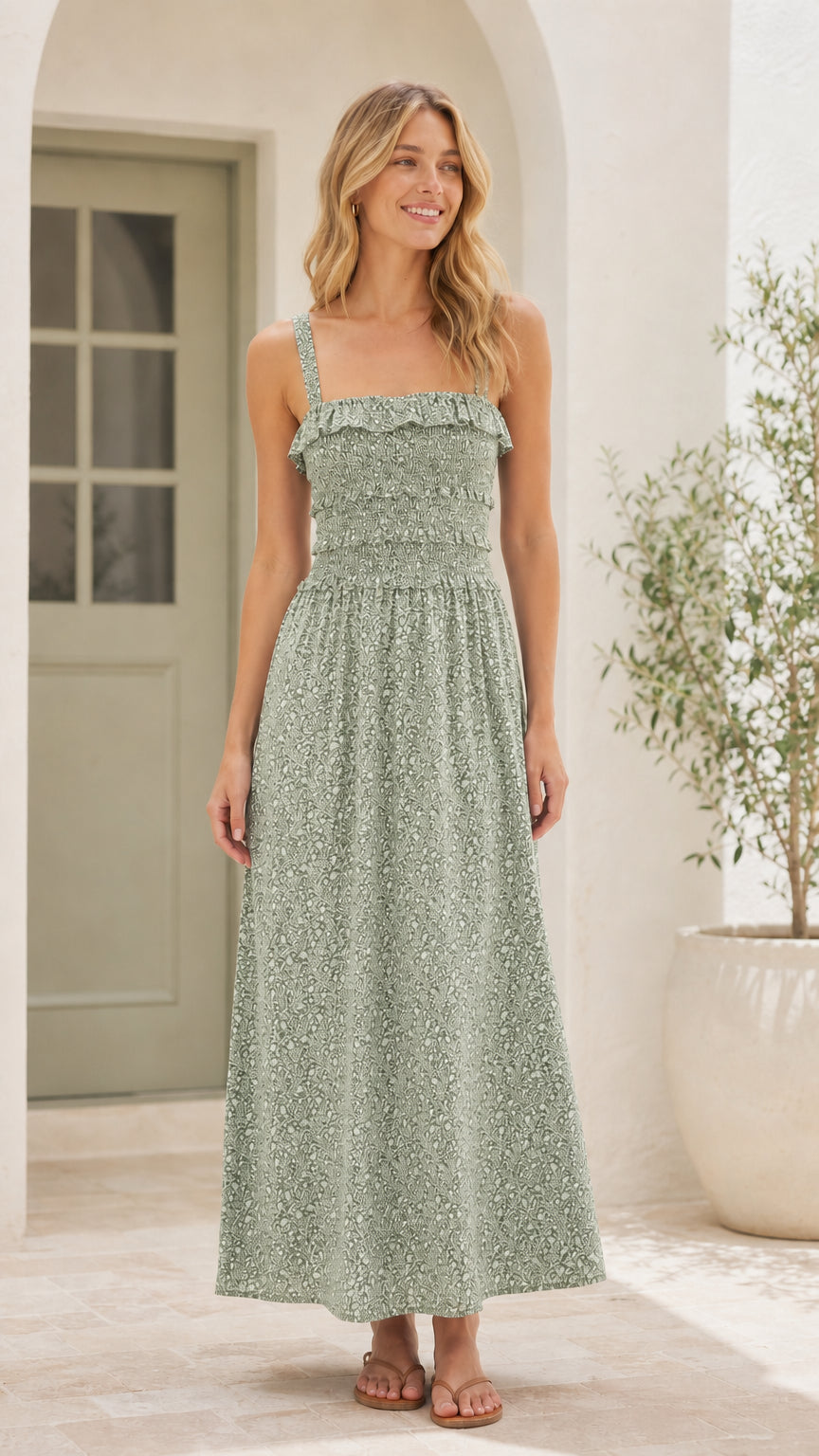 Front view of woman wearing sage floral smocked midi dress
