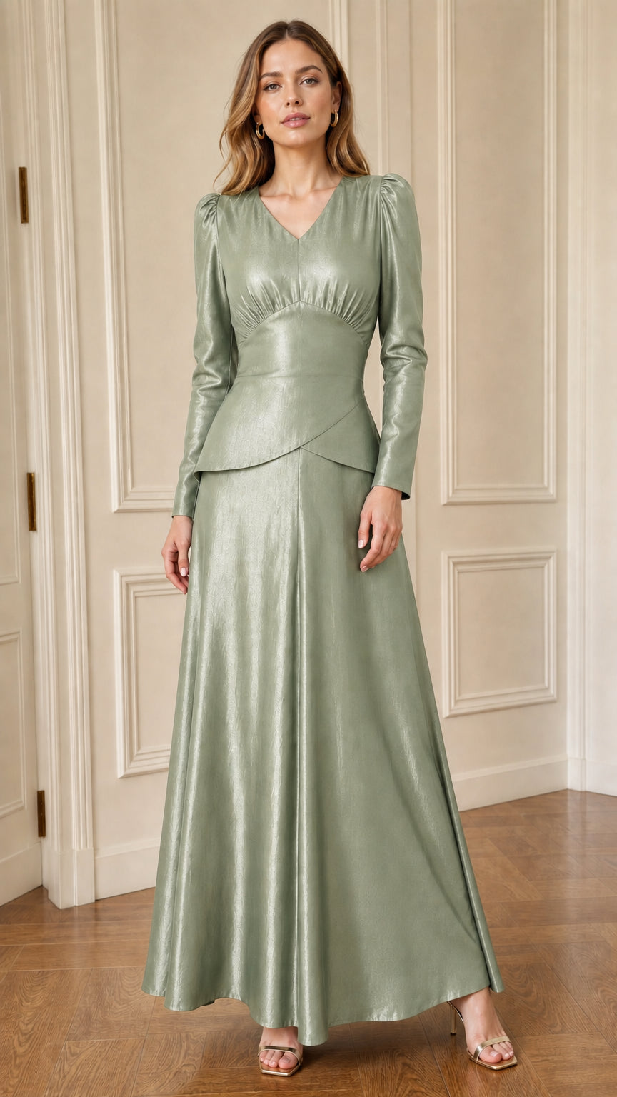 Woman posing in sage green faux leather long sleeve maxi dress