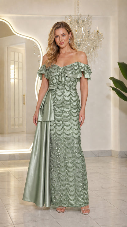Front view of sage green sequin evening gown