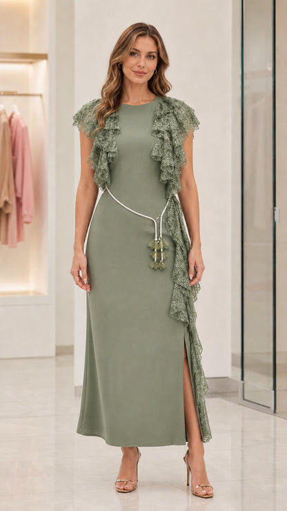 Sage green belted evening maxi dress with floral lace detailing