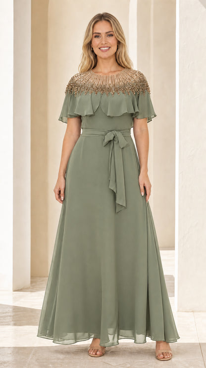 Front view of sage green evening maxi dress