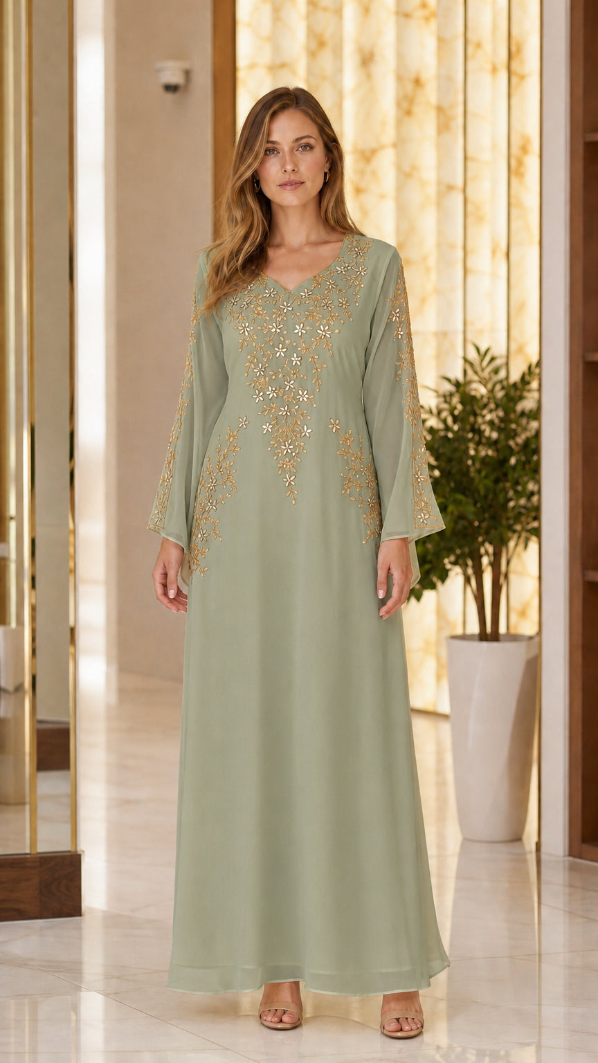 Sage Green long sleeve kaftan maxi dress with gold floral embroidery