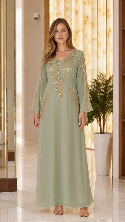 Sage Green long sleeve kaftan maxi dress with gold floral embroidery