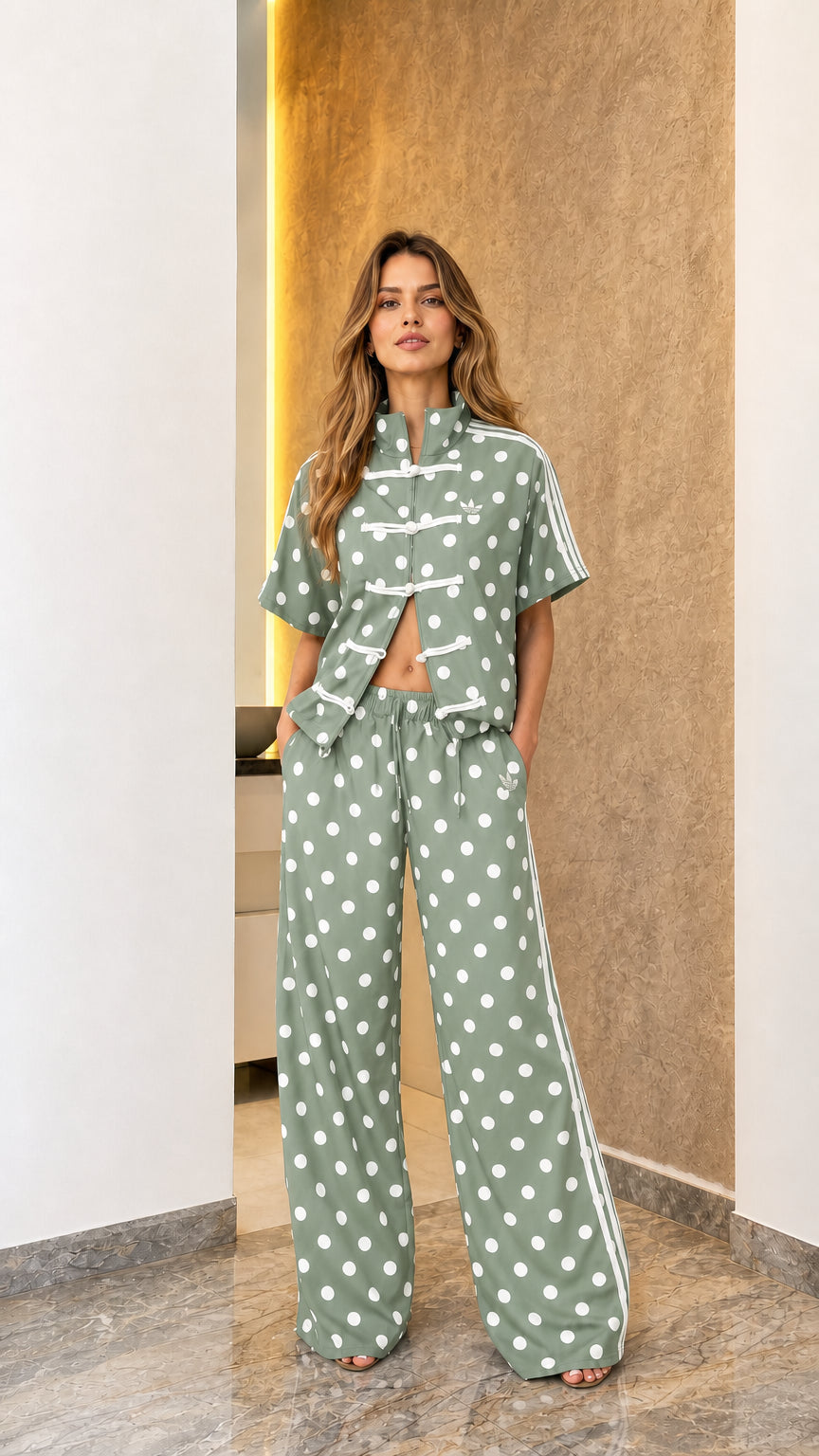 Model wearing sage green polka dot track set