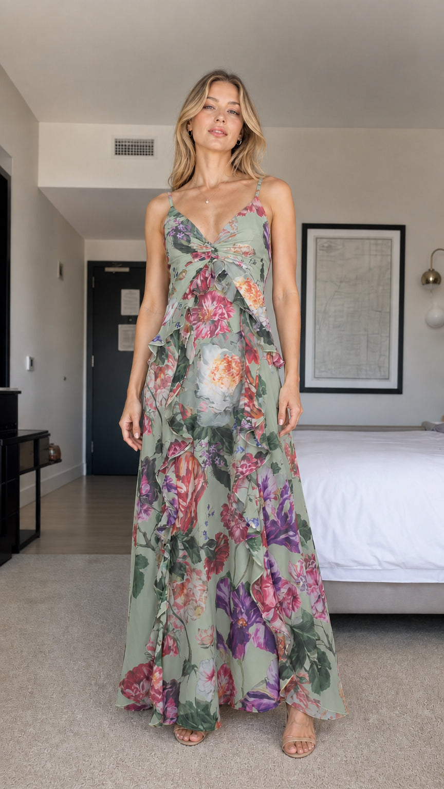 Model wearing sage floral print ruffle maxi dress