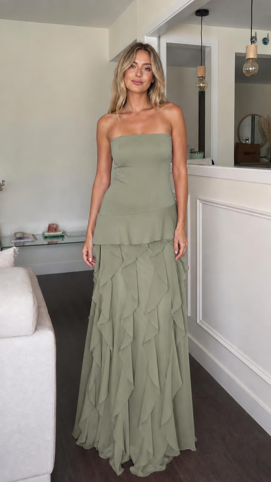 Front view of sage green strapless ruffle tiered maxi dress