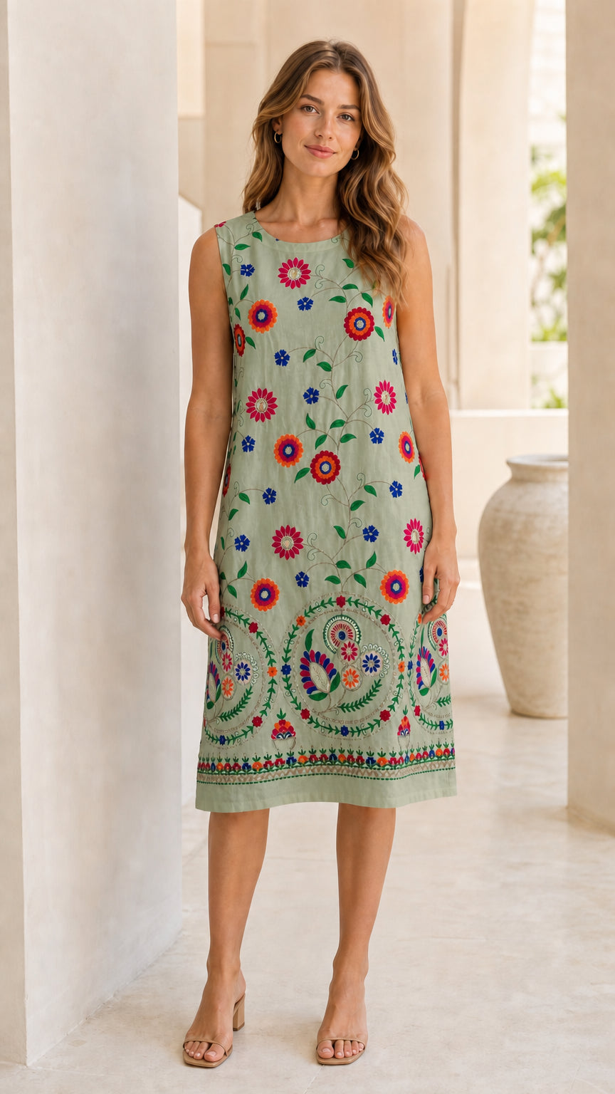 Front view of woman wearing sage green sleeveless floral embroidered shift dress