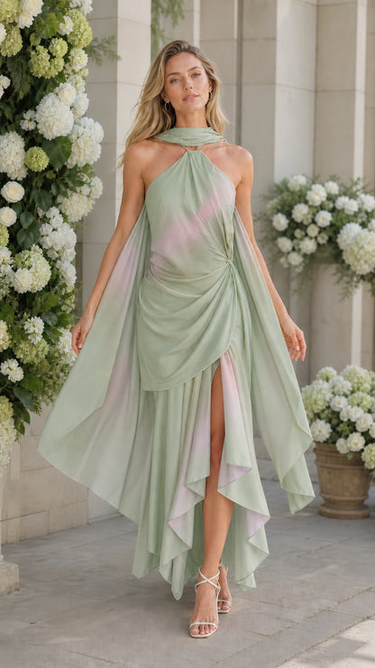 Front view of model wearing sage green draped maxi dress