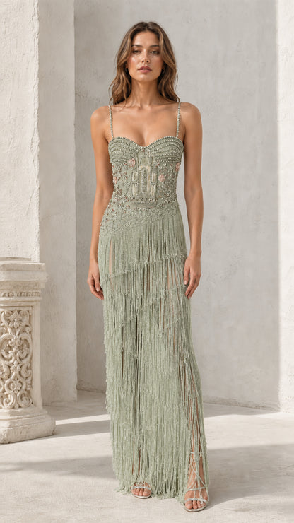 Front view of sage green beaded fringe maxi dress