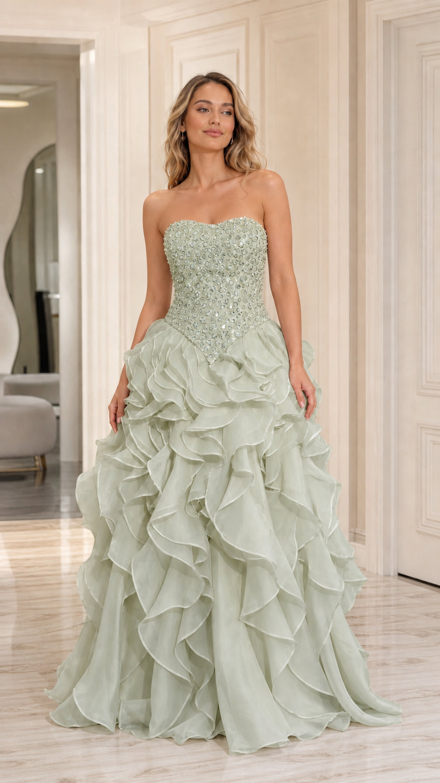 Model wearing sage green strapless beaded tiered ruffle evening gown