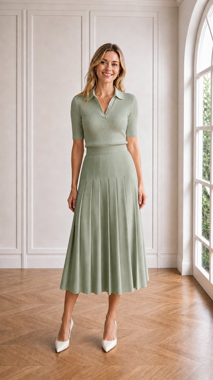 Model wearing sage green pleated midi skirt and matching knit top