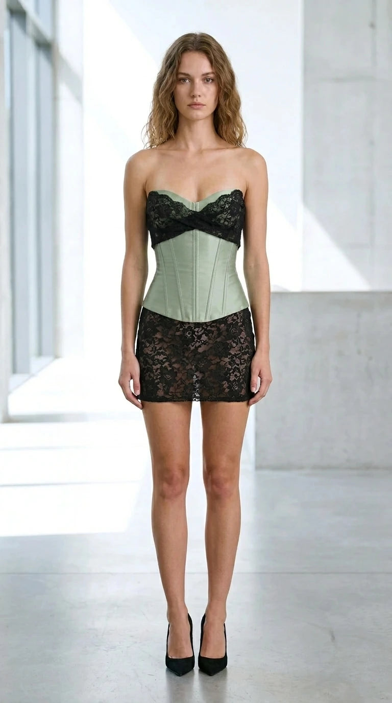 Front view of sage green satin bustier and black lace mini skirt set