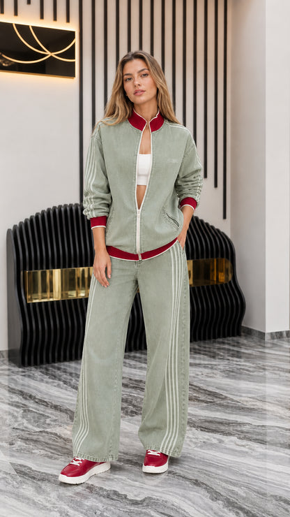Model wearing Sage Green denim matching set