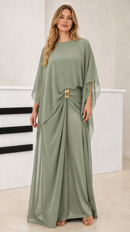 Sage Green draped capelet floor-length evening gown