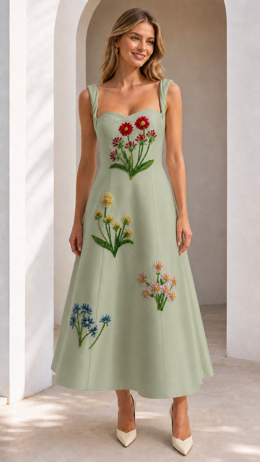 Front view of sage green embroidered floral midi dress