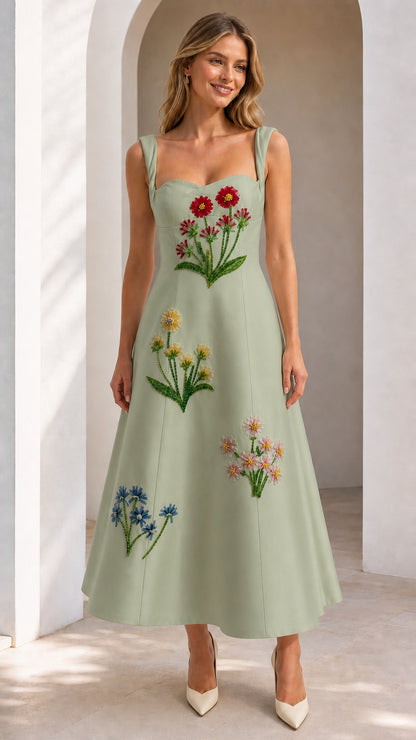 Front view of sage green embroidered floral midi dress